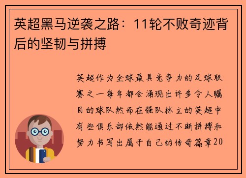 英超黑马逆袭之路:11轮不败奇迹背后的坚韧与拼搏 英超黑马逆袭之路:11轮不败奇迹背后的坚韧与拼搏