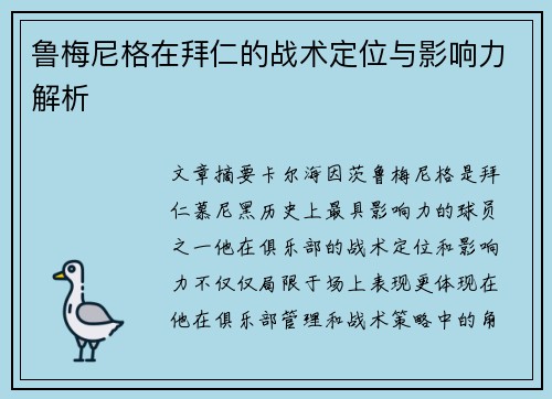 鲁梅尼格在拜仁的战术定位与影响力解析
